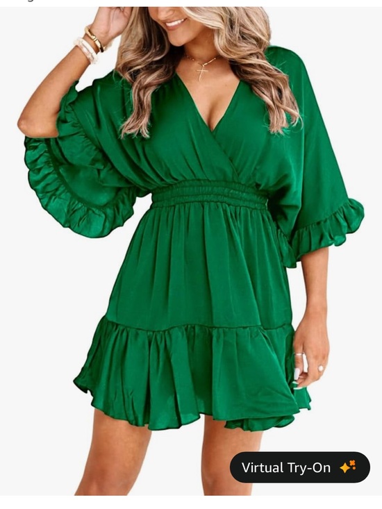 Dresses & Skirts - Women's Emerald Green V-Neck Ruffle Tiered Mini Dress